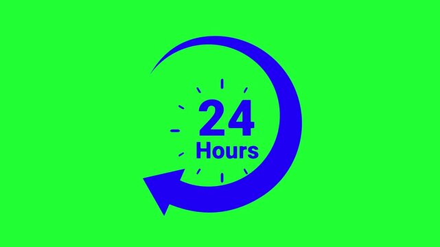 Flat blue 24 hours service icon with circular arrow on green screen. Minimalist concept for day and night business availability and support.