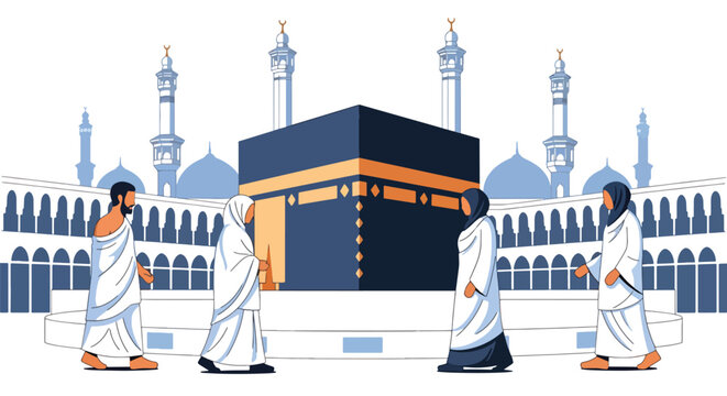 Flat style vector illustration of Hajj pilgrimage showing Muslim pilgrims performing tawaf around Kaaba, symbolizing unity, devotion, faith, and sacred Islamic worship ritual in Mecca