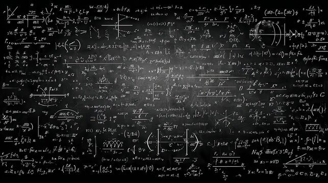 Chalkboard full of complex physics and mathematics formulas, equations, and diagrams, representing advanced scientific research, problem solving, and educational concepts