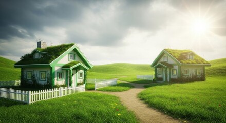Fototapeta premium Whimsical cottage scene two charming houses nestled in a lush green rolling landscape under a dramatic sky