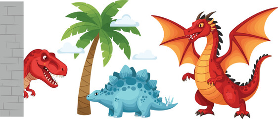 Fantasy and Prehistoric Creature Set Featuring Dragon T Rex Stegosaurus Palm Tree and Environment Elements for Kids Illustration and Adventure Design Projects © MDTAREK