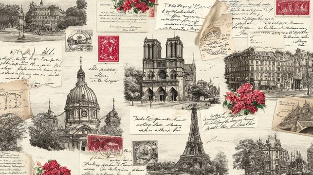 Vintage parisian landmarks collage illustrating travel memories and postcards from france with handwritten letters, old postage stamps, and red flowers creating a nostalgic mood