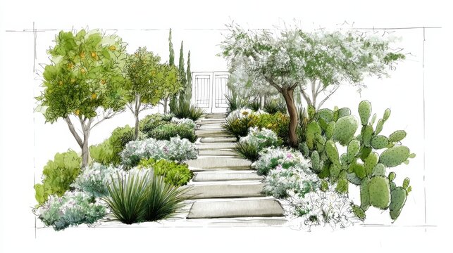Mediterranean garden landscape design sketch featuring a winding stone staircase leading to a gate. Surrounded by various drought tolerant plants. Citrus trees. Olive trees. Agave