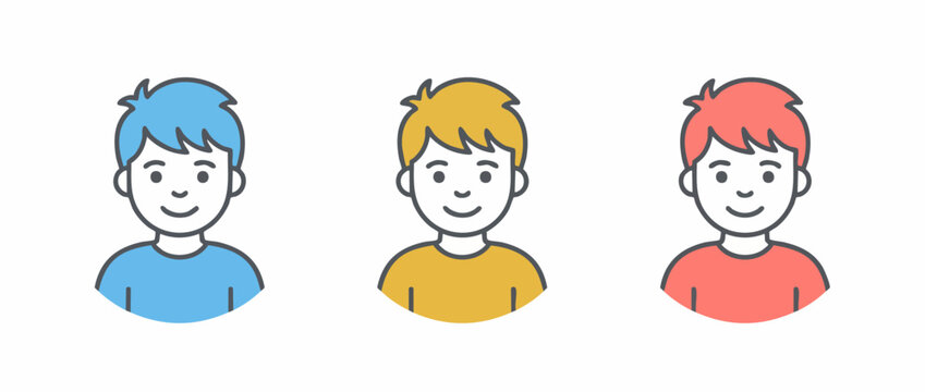 Boy Avatar Icon Set, Diverse Young Male Faces with Blue, Yellow, Red Shirt Colors, Minimalist Vector Character Illustrations for User Profiles, Web Design Elements, Social Media and Communication Grap