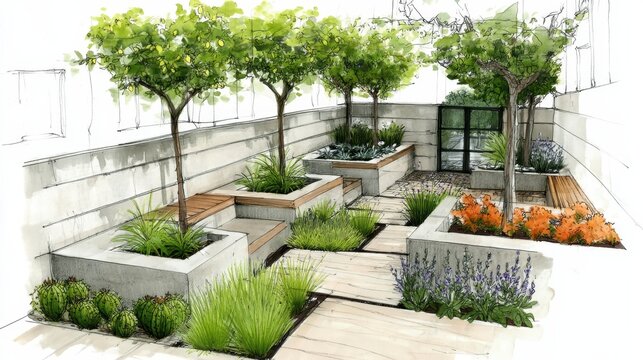 Hand drawing creating a modern rooftop garden design with raised concrete planters and built in wooden seating areas surrounded by various trees and lush green plants