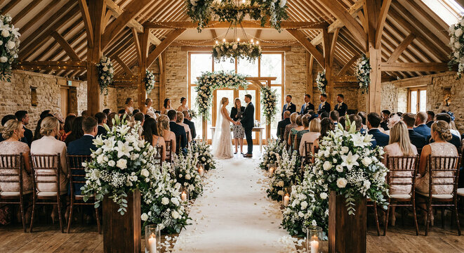 Couple getting married with guests seated on either side of aisle