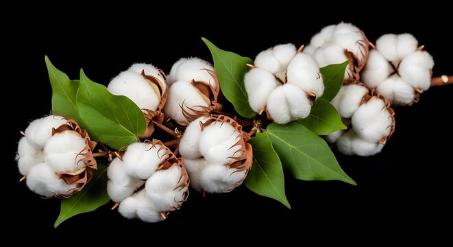 Close-up of cotton branch with fluffy white bolls and green leaves, set against black