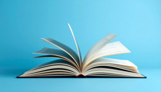 Open Hardcover Book with Pages Spread Out in a Fan Shape Isolated on a Solid Blue Background Representing Education Knowledge and Literature