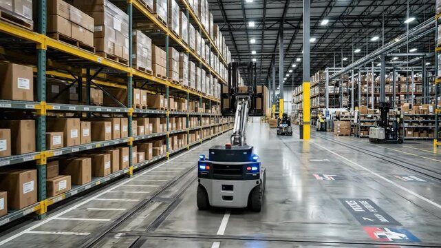 An automated warehouse robot lifting packages in a modern storage facility, metallic details, stacked shelving and crisp industrial light, ultra-realistic, no logos.