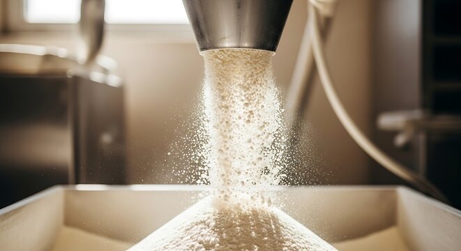 Close-up of flour pouring from a machine, dust swirling, industrial process in bright room