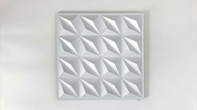 White geometric 3d wall panel creating an abstract pattern with triangular and rhomboid relief shapes, providing a modern decorative surface background texture for interior design