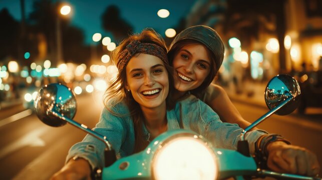 Happy young couple riding scooter in night city smiling at camera with bright lights joyful urban date moment Concept of happiness