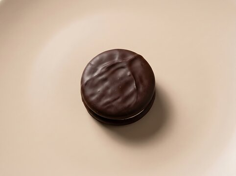 A single chocolate covered oreo cookie isolated on a minimalist beige background showing the delicious snack centered in a top down flat lay view