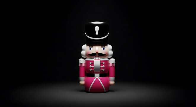 Festive, rendered image of a toy soldier nutcracker, pink uniform, on a dark background