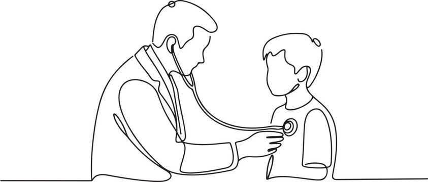 Single one line drawing of doctor with a stethoscope examining a boy patient. Male doctor in a white coat examining the lungs of a teenage boy. one line icon drawing vector