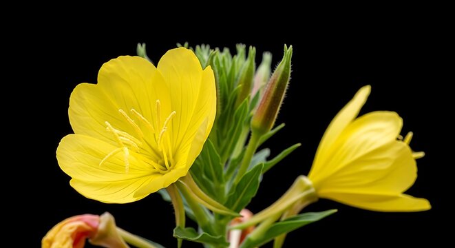 Close-up of vibrant yellow evening primrose flowers against a stark black backdrop
