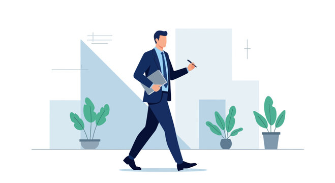 Businessman walking with laptop and pen, modern city background, business concept