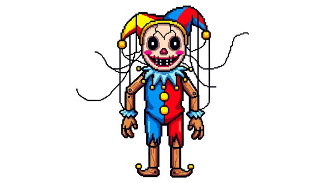 Creepy Jester Puppet With Scary Face and Strings.
