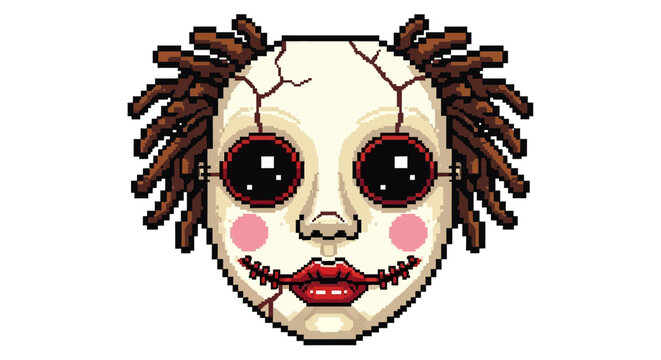Creepy Pixel Art Doll Mask with Dreadlocks and Cracked Face.