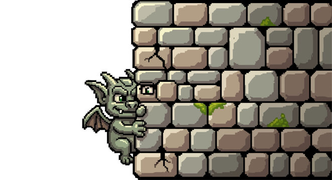 Cute cartoon gargoyle peeking from behind stone wall.