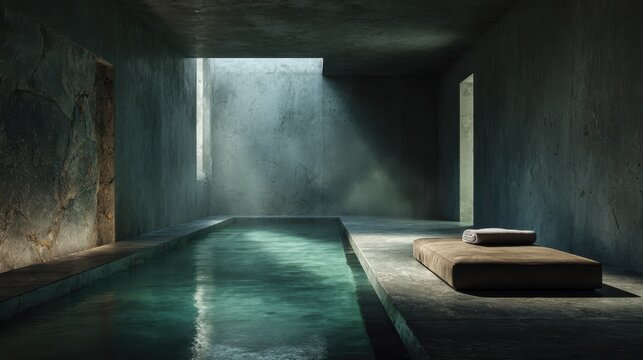 Tranquil minimalist indoor pool interior with raw concrete walls, warm light rays creating a serene sanctuary, and a comfortable loungewear bed for spa and wellness retreat