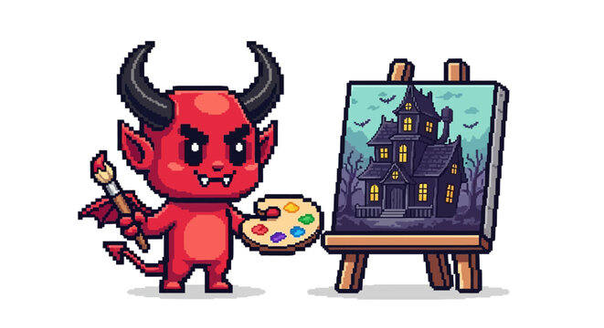 Cute little devil painting a haunted house on canvas.