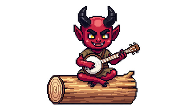 Cute little devil playing banjo on a log.