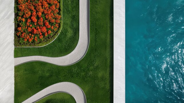 Aerial view of a modern garden with winding white path, vibrant orange blooms, manicured green lawn and turquoise water creating a tranquil, geometric landscape design