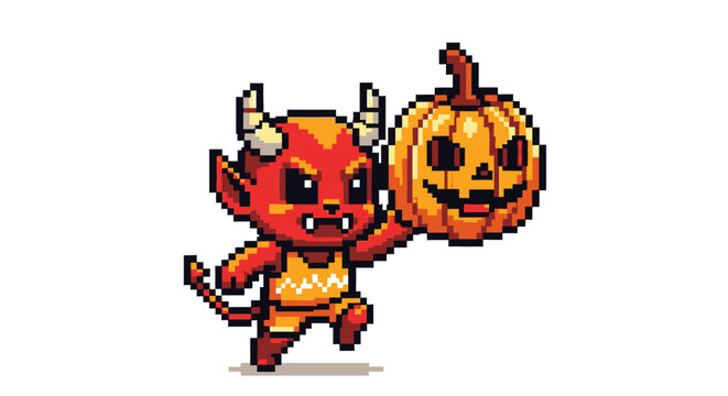 Cute Pixel Art Devil Holding a Jack-o-Lantern.