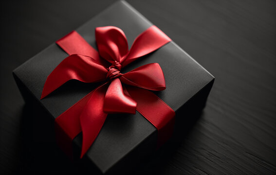 Luxury black gift box with red satin ribbon bow on dark wooden 
surface, elegant premium packaging, side view, 
moody dark background for holidays and special occasions