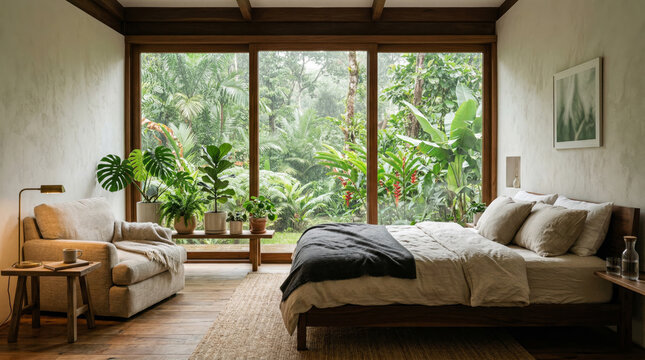 Zen Retreat Bedroom In A Rainforest Which Can Be Seen Through A Window, With A Plush Chair In The Corner - Minimalist Design with Natural Light and Indoor Plants