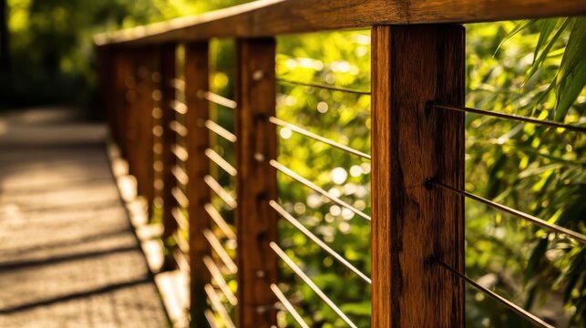 Wooden railing with cable infill along a garden pathway, offering a sense of modern design, security, and tranquil outdoor living, bathed in warm sunset light