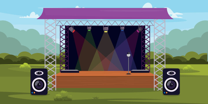 Vector illustration of a beautiful stage for a performance in the park. Cartoon landscape scene with a street stage, colorful spotlights, music speakers, microphone, bushes, grass, sky with clouds.