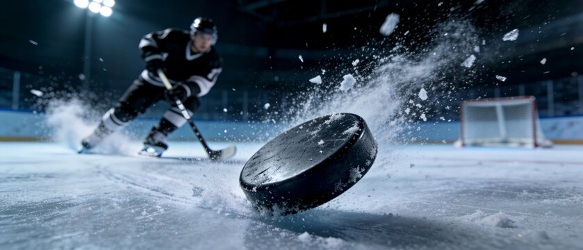 Professional ice hockey player chasing hockey puck fast flying with ice shards spray on ice rink near goal net. Dramatic gameplay moment, freeze motion