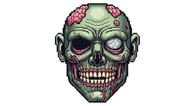 Horrifying Zombie Head Pixel Art Illustration.