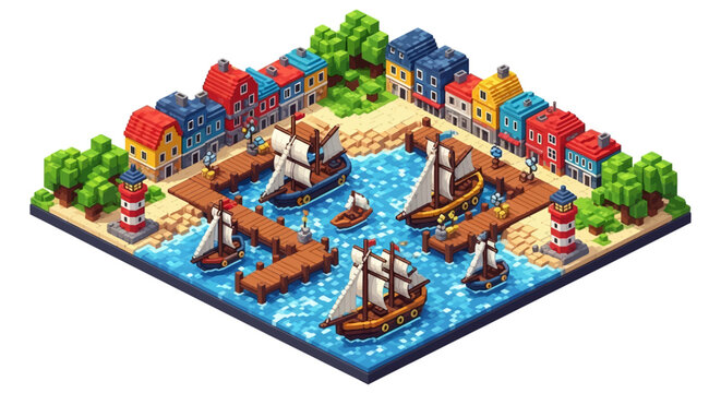 Isometric Old Harbor with Sailing Ships and Colorful Buildings.
