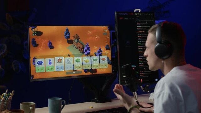 Caucasian man playing videogame and interacting with subscribers while streaming in dimly lit room