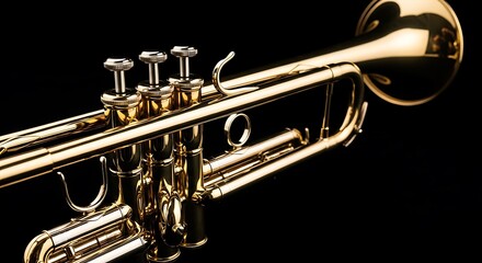 Obraz premium Gleaming brass trumpet angled on a black background, showcasing intricate details