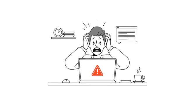 Frustrated man sitting at desk. Person stressed with laptop computer. Error warning sign on screen. Vector illustration of shocked employee. Office worker with worried expression. Computer