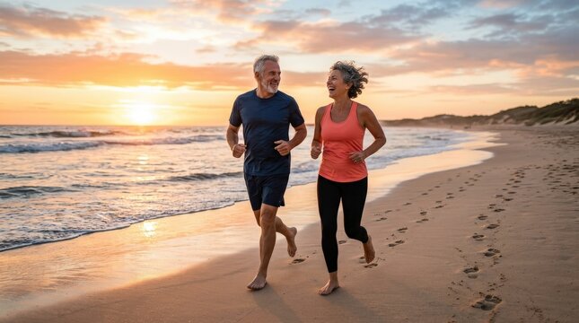Happy mature couple jogging together along a sandy beach at sunset, synchronized stride, smiling faces and warm backlight expressing healthy aging and partnership, ocean breeze, glowing horizon and