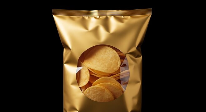 Gold foil bag with round window revealing potato chips against a black background