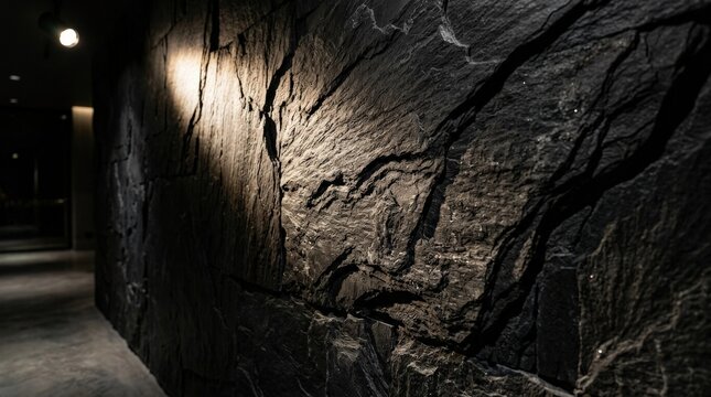 A black slate wall touched by a focused beam of light, dramatic contrast revealing layered stone, rough mineral texture and elegant interior-material depth, photorealistic texture photography, premium