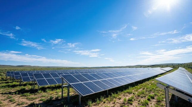 Solar panel array against a vibrant blue sky, sunlight illuminating clean energy system, minimal composition emphasizing sustainability and innovation, high contrast and clarity, photorealistic