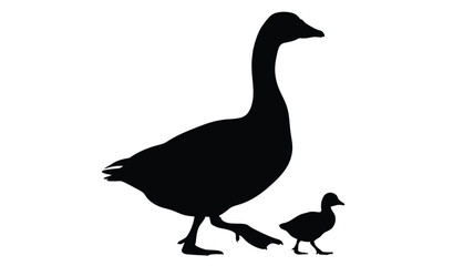 A mother goose and her chick depicted in striking black silhouette © Hiron