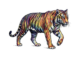 Obraz premium Vibrant, colorful tiger illustration with rainbow stripes walking confidently