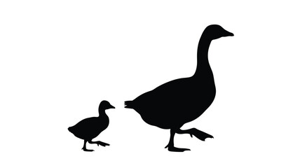 A mother goose and chick depicted in striking black silhouette © Hiron