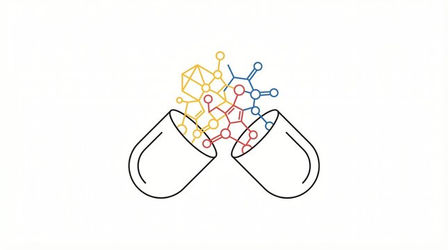 Minimalist open capsule illustration, revealing colorful molecular structures, a scientific concept for medicine, health, and pharmaceutical innovation, vector graphic.