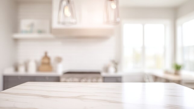 slab. Marble stone kitchen island surface texture close-up, natural ambient light with soft focus background. menu design.
