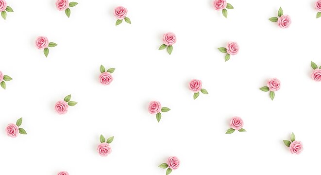 Overhead shot of scattered pink roses with green leaves on a white background