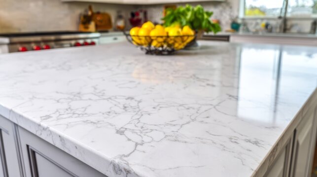 slab. Marble stone kitchen island surface texture close-up, natural ambient light with soft focus background. menu design.
